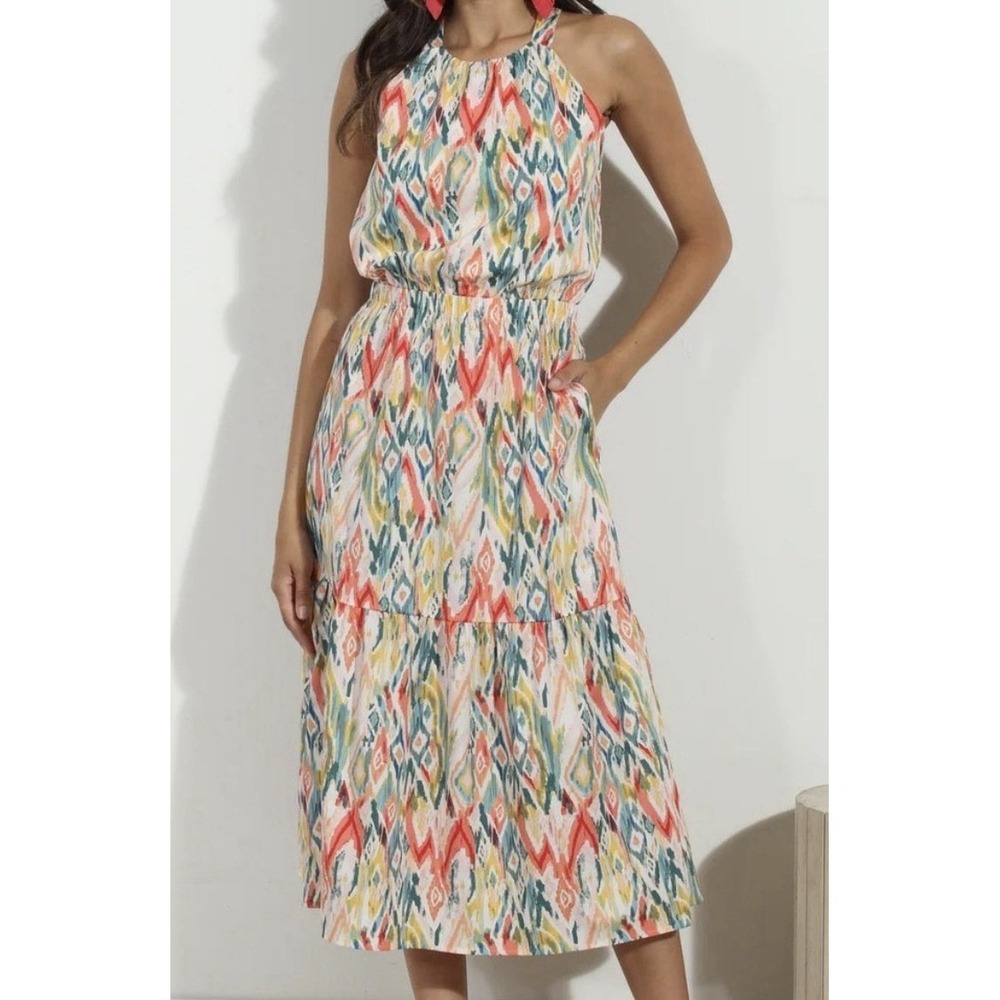 Veronica Cynda Poplin Halter Midi Dress Tiered Colorful Print L Indie NWT Size S